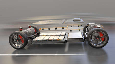 Explode view of electric vehicle chassis equipped with battery pack driving on the road. 3D rendering image.の写真素材