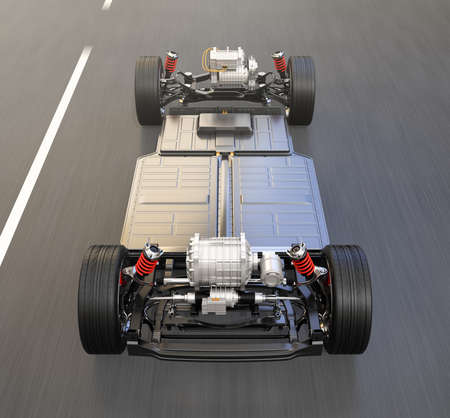 Electric vehicle chassis equipped with battery pack driving on the road. 3D rendering image.