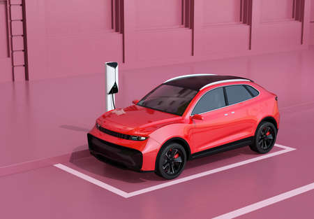 Generic Electric SUV charging at roadside charging station. 3D rendering image.の写真素材