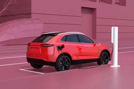 Generic Electric SUV charging at roadside charging station. 3D rendering image.の写真素材