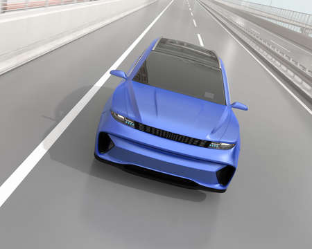 Front view of blue electric SUV driving on the highway. 3D rendering image.の写真素材