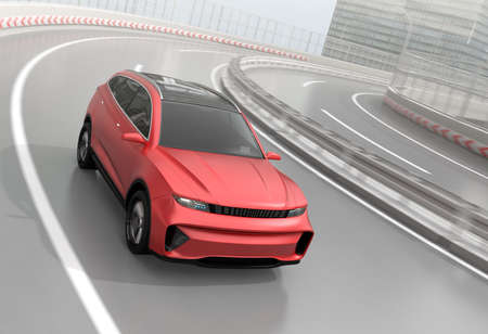 Red electric SUV driving on the highway. 3D rendering image.の写真素材