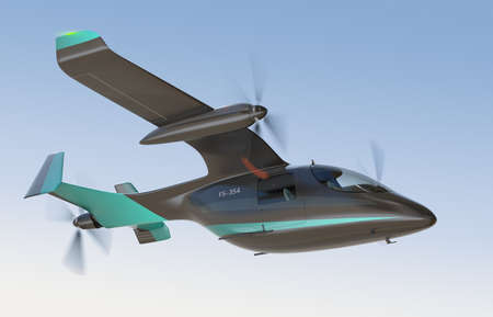 Electric VTOL passenger aircraft  flying in the sky. 3D rendering image.の写真素材