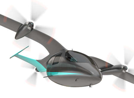 Close-up view of Electric VTOL passenger aircraft  flying on white background. 3D rendering image.