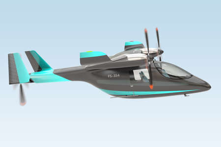 Side view of Electric VTOL passenger aircraft flying in the sky. Air mobility concept. 3D rendering...
