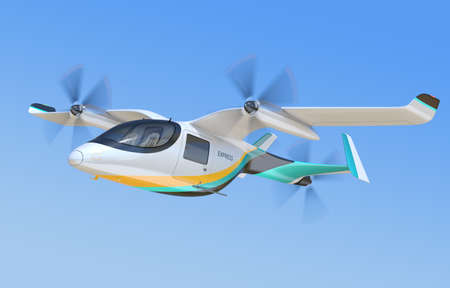 Electric VTOL cargo delivery aircraft flying in the sky. 3D rendering image.の写真素材