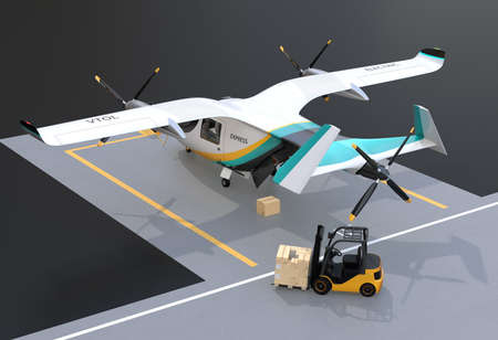 Electric VTOL cargo delivery aircraft charging on the port. Forklift moving to the rear door for loading goods. 3D rendering image.の写真素材