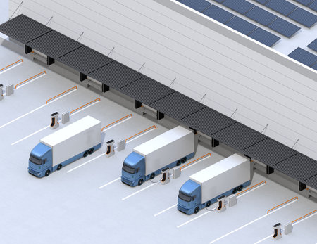Isometric view of Electric Trucks charging at logistics center, electric power support by solar panels. 3D rendering image.の写真素材