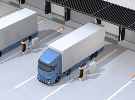 Generic design Electric Trucks charging at logistics center. 3D rendering image.の写真素材