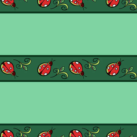 Red ladybugs and green leafs in strips on the turquoise backgroundのイラスト素材