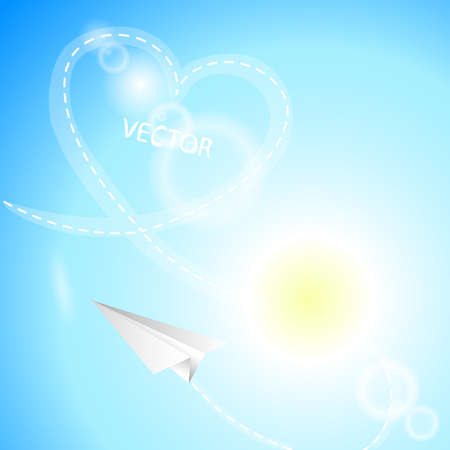 Airplane made of white paper, heart and sun on the sky backgroundのイラスト素材
