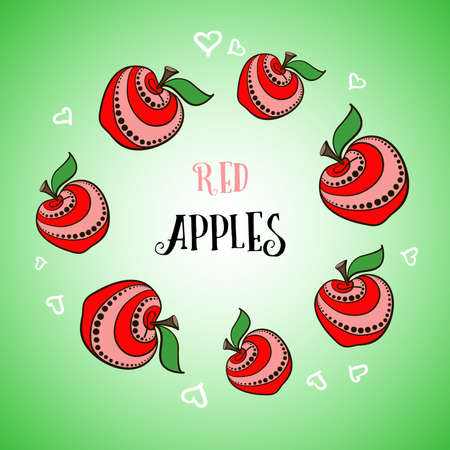 Hand-drawn red decorative apples with white hearts on the green background.のイラスト素材