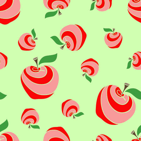 Big and small colored apples on the green background. Patternのイラスト素材