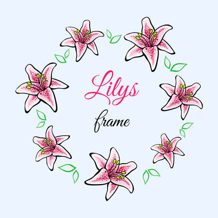 Frame made from hand-drawn colored liilys and leafs. Vector illustrationのイラスト素材