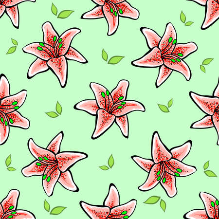 Hand-drawn pattern made from red lilys and green leafs on the green background. Vector illustrationのイラスト素材