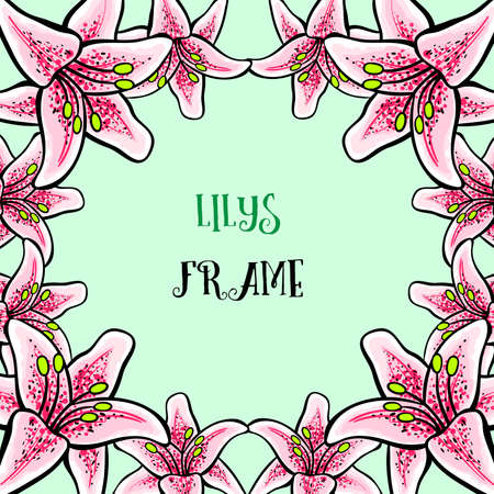 Frame made from hand-drawn colored liilys on the green background. Vector illustrationのイラスト素材