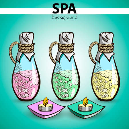 Hand-drawn glass bottles and candles. Vector illustrationのイラスト素材