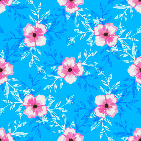 Pattern made from colored leafs and watercolor pink flowers on the blue background.のイラスト素材