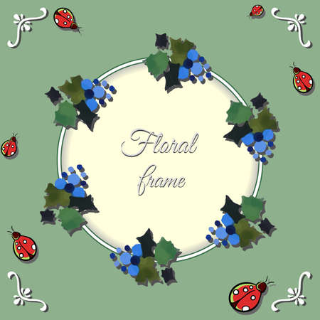 Frame made from watercolor grape and hand drawn red ladybugs. Vector illustrationのイラスト素材