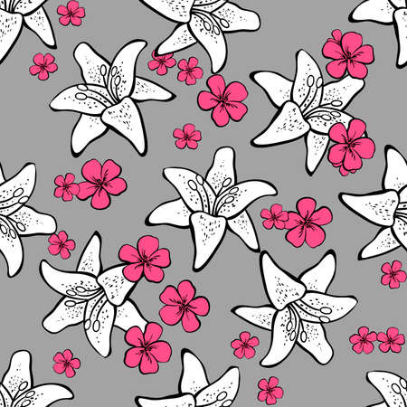 Pattern made from colored hand drawn flowers on the gray background. Vector illustrationのイラスト素材
