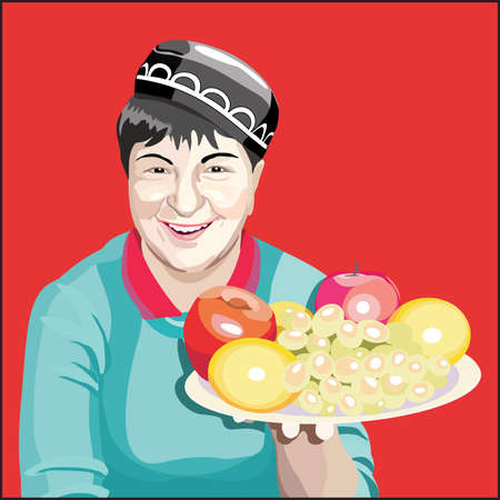 East girl with platter of fresh fruits. Vector illustration. 10 EPSのイラスト素材