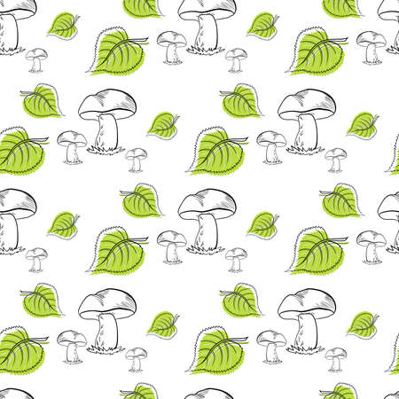 Pattern made from hand drawn mushrooms and leaves.のイラスト素材