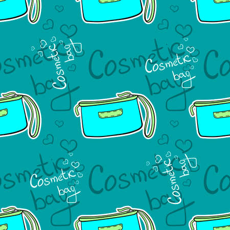 Pattern made from hand drawn cosmetic bag and text on the blue background.のイラスト素材