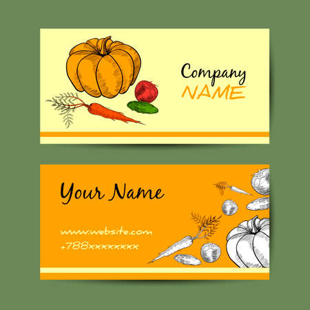 Business cards with hand drawn vegetables. Vector illustrationのイラスト素材