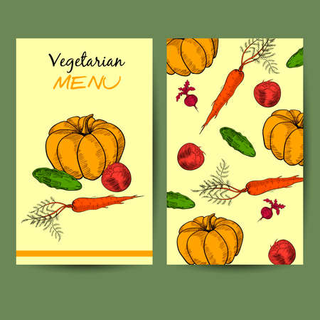 Vegetarian menu with hand drawn vegetables. Vector illustrationのイラスト素材