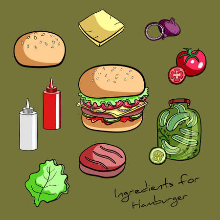 Hand drawn colorful ingredients for hamburger. Vector illustrationのイラスト素材