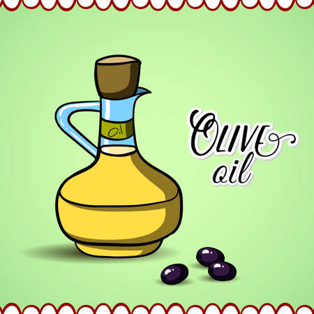 Hand drawn bottle with olive oil and three olives.  Vector illustrationのイラスト素材