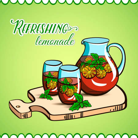 Hand drawn jug and glasses with lemonade on the cutting board. Vector illustrationのイラスト素材