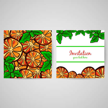 Postcard made from hand drawn slices of orange and leafs of mint. Vector illustrationのイラスト素材