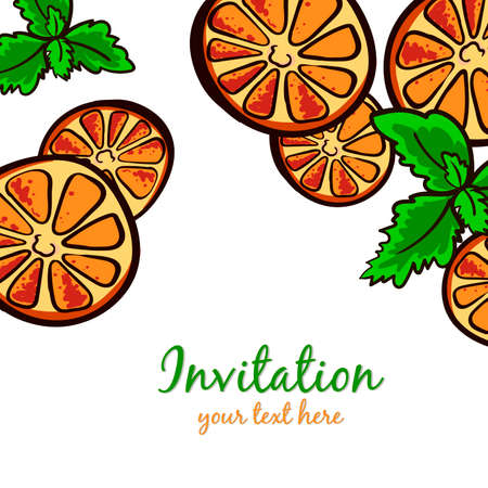 Postcard made from hand drawn slices of orange and leafs of mint. Vector illustrationのイラスト素材