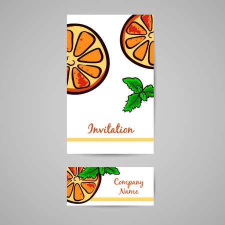 Postcard and business card made from hand drawn slices of orange and leafs of mint. Vector illustrationのイラスト素材