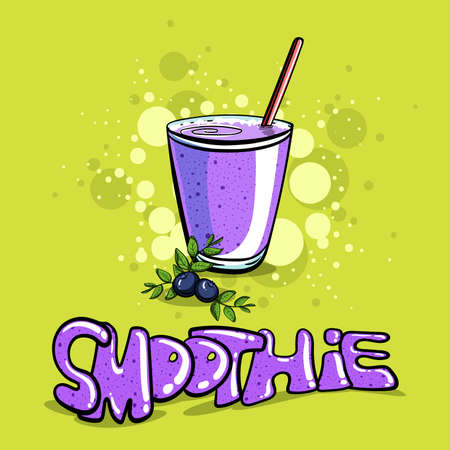Hand drawn bilberry smoothie on the green background. Vector illustrationのイラスト素材