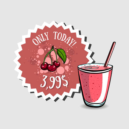 Hand drawn cherry smoothie and sticker with price. Vector illustrationのイラスト素材