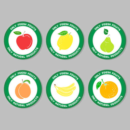 Set of labels with hand drawn fruits on the gray background. Vector illustrationのイラスト素材
