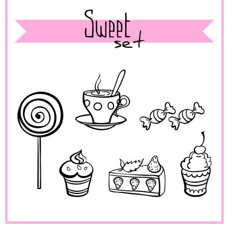 Set with hand drawn sweets for tea on the white background. Vector illustrationのイラスト素材