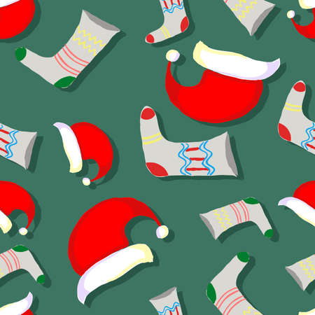 Christmas seamless texture with socks and red caps. Vector illustration