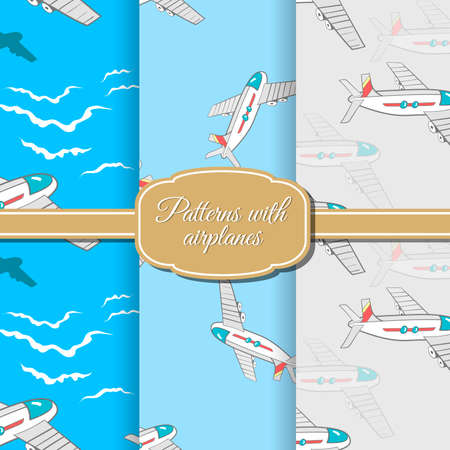 Set of patterns with hand drawn airplanes. Vector illustration. 10 EPSのイラスト素材