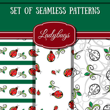 Set of seamless patterns made from small and big ladybugs and leafs. Vector illustrationのイラスト素材