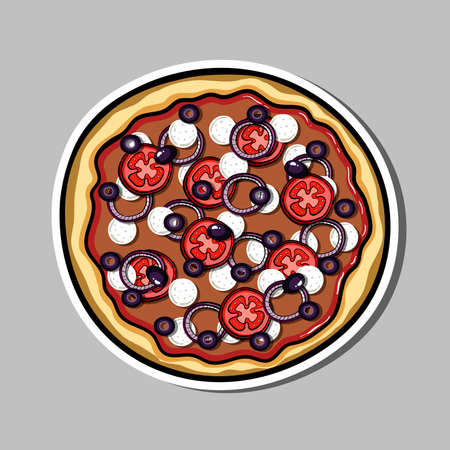 Bright sticker with hand drawn pizza. Vector illustration. Can be used for restaurants, websites, cafes, bars, shops and pizzerias.のイラスト素材