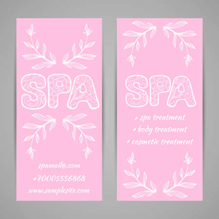 Pink banners with hand drawn elements for spa salon. Vector illustration.のイラスト素材