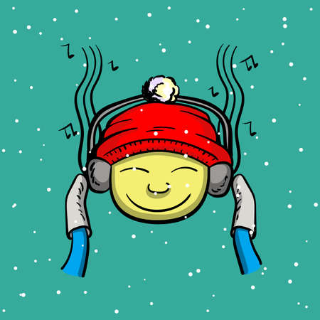 Hand drawn illustration. Boy listening to music on headphones.のイラスト素材