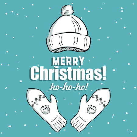 Congratulation with hand drawn hat and mittens with pompoms. Vector illustration.のイラスト素材