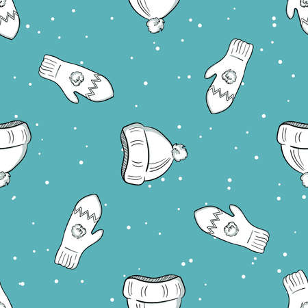 Seamless pattern made from hand drawn mittens and hats. Vector illustration.のイラスト素材