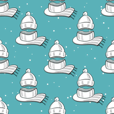 Seamless pattern made from hand drawn scarfs and hats. Vector illustration.のイラスト素材