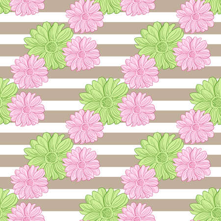 Seamless pattern made from hand drawn camomiles and white stripes. Vector illustration.のイラスト素材