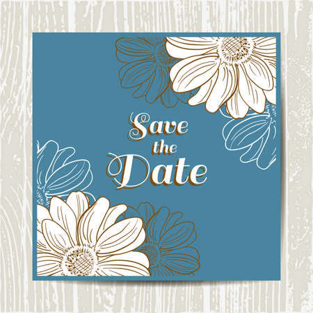 Blue postcard with hand drawn camomiles. Vector illustration.のイラスト素材